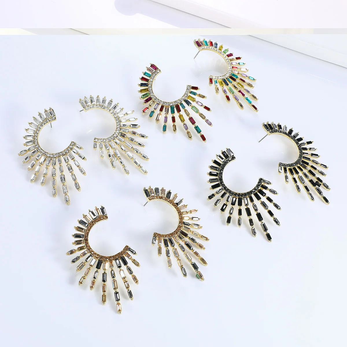 Bohemian Half Sun Stud Earrings Women Irregular Rhinestone C Shape Earrings Statement Jewelry