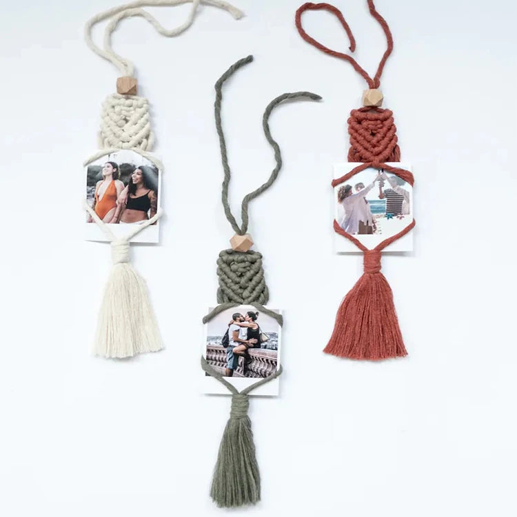 2023 New Customized Macrame Photo Holder Boho Macrame Car Charm Picture Rearview Mirror Accessories for Women W1468