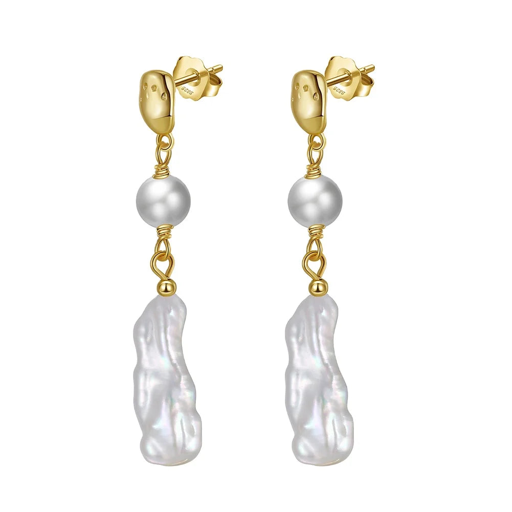 RINNTIN GPE18 Baroque Pearls Earrings Solid 925 Silver Cultured Freshwater Pearls 14K Gold Plated Stud Drop Earings for Women