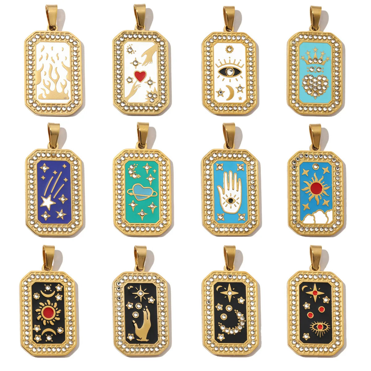 Hongtong AC-137 Stainless Steel Vintage Tarot Enamel Rectangle DIY Jewelry Shiny Zircon Pendants Hot Sale Wholesale Fashion
