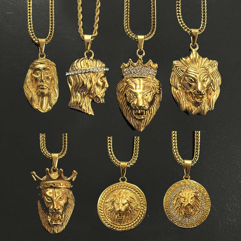 Vintage Mens lion Necklace 316L Stainless Steel PVD 18k Gold Jesus Head Necklace Africa Jewelry lion Head Circle Medal Necklace
