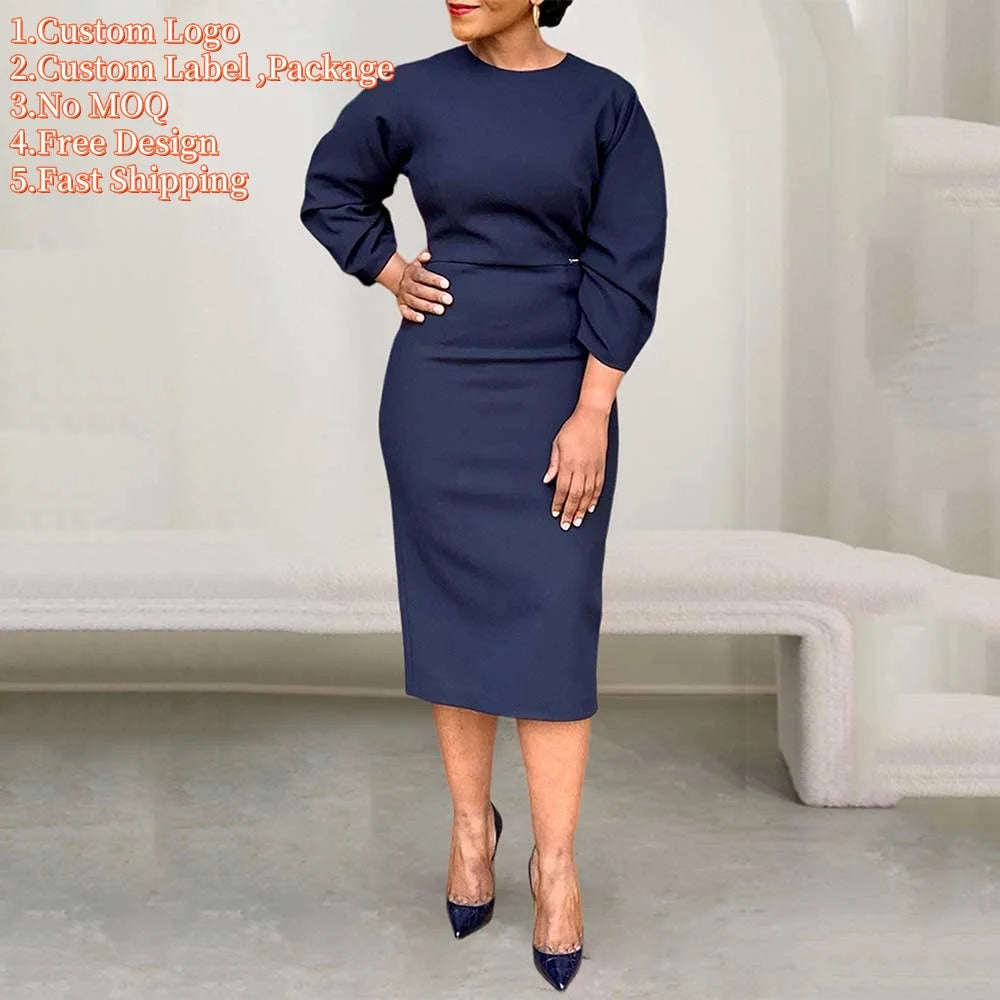 Autumn Midi Dress with L36398 Split Hem Zipper Back Solid Pattern Washable Feature