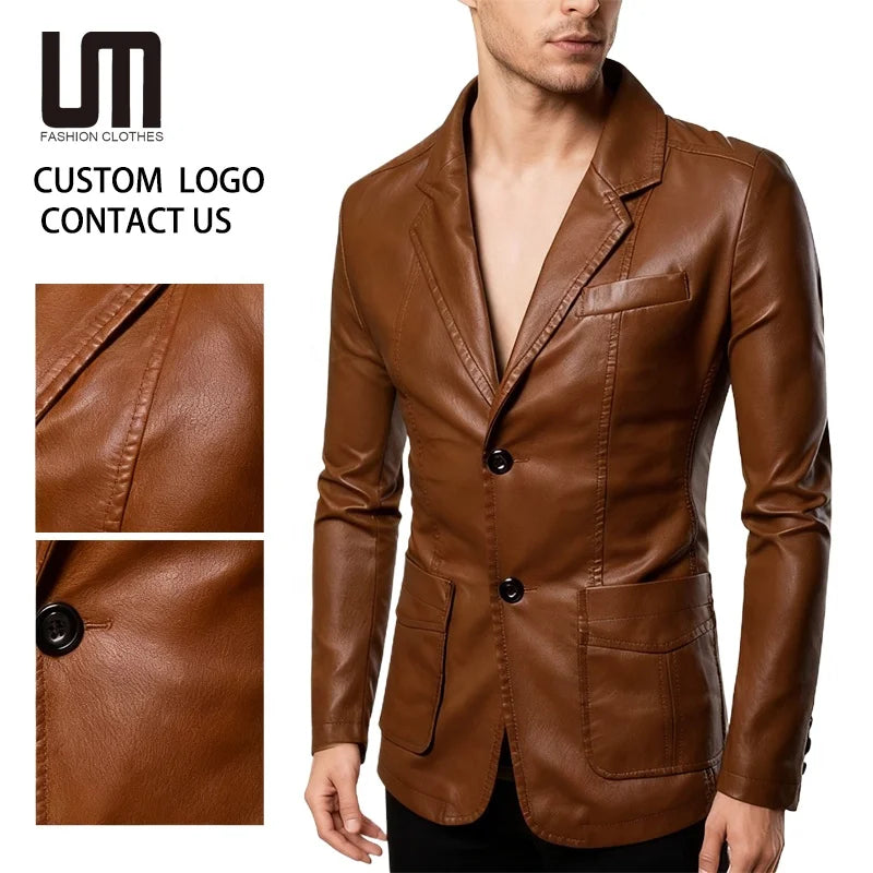 Custom Logo Autumn Winter Wholesale Fashion Men Clothes Casual Plus Size Business Leather Suit Coat Pu Blazers Jacket