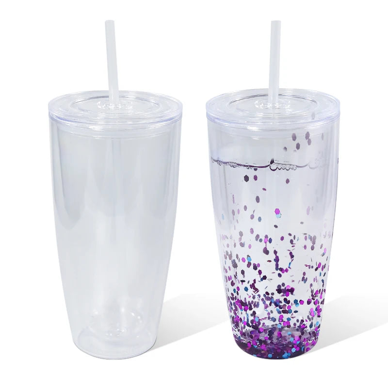 RTS China Warehouse 24oz Double Wall Plastic Cup BPA Free Clear Snow Globe Tumbler Predrilled Hole Mug with Plastic Straw Plug
