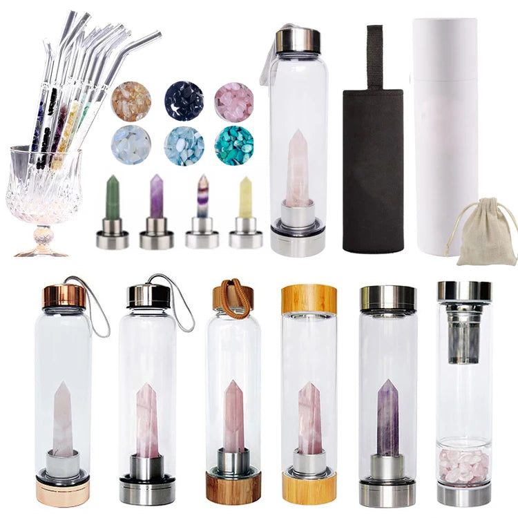 Elixir Natural Gemstone Water Bottle Crystals Crystal Points Holy Borosilicate Glass Keeps Drinks Hot/Cold Minimalist Design
