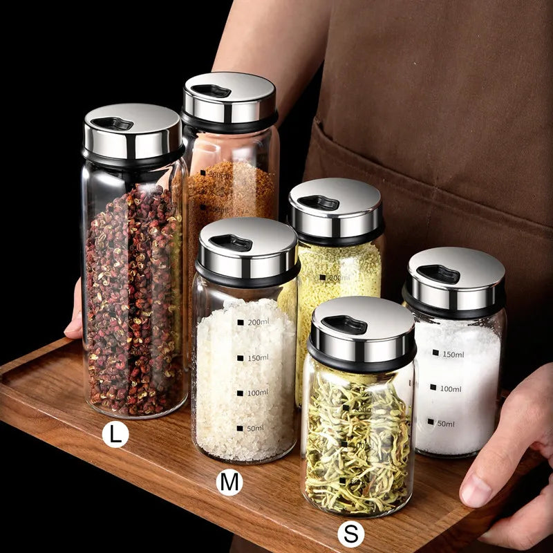 Glass Spice Jar Empty Round Spice Jar with Metal Cover Tick Marks 150ML 250ML 300ML