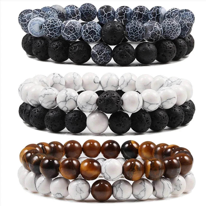 8mm Couples Bracelets Black White Natural Lava Stone Tiger Eye Beaded Elastic Bracelet Set for Men Women
