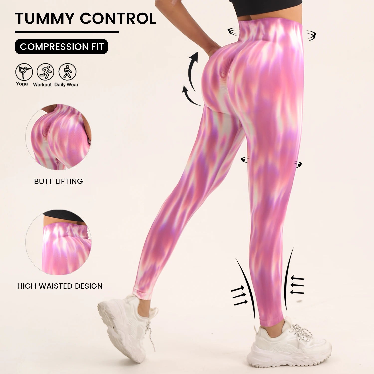 FLW Fashion High Waist Yoga Pants Quick Dry Gym Fitness Leggings with Tie Dye Print Scrunch Yoga Leggings Sports Yoga