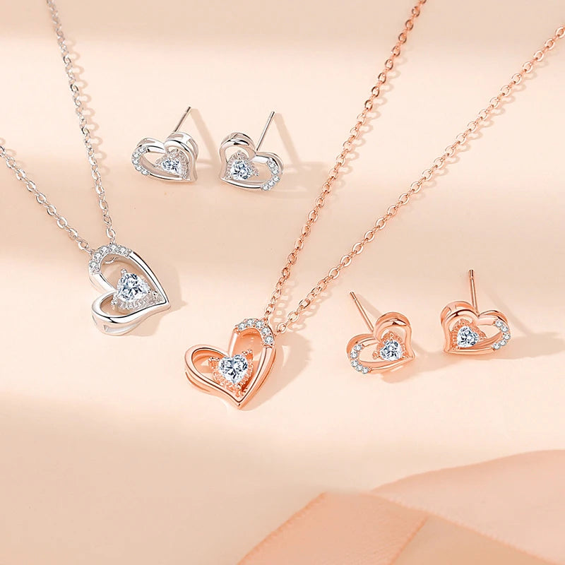 Classic Luxury Style 925 Silver Heart Stud Earrings and Fashion Necklaces Zircon Jewelry Sets for Women for Parties