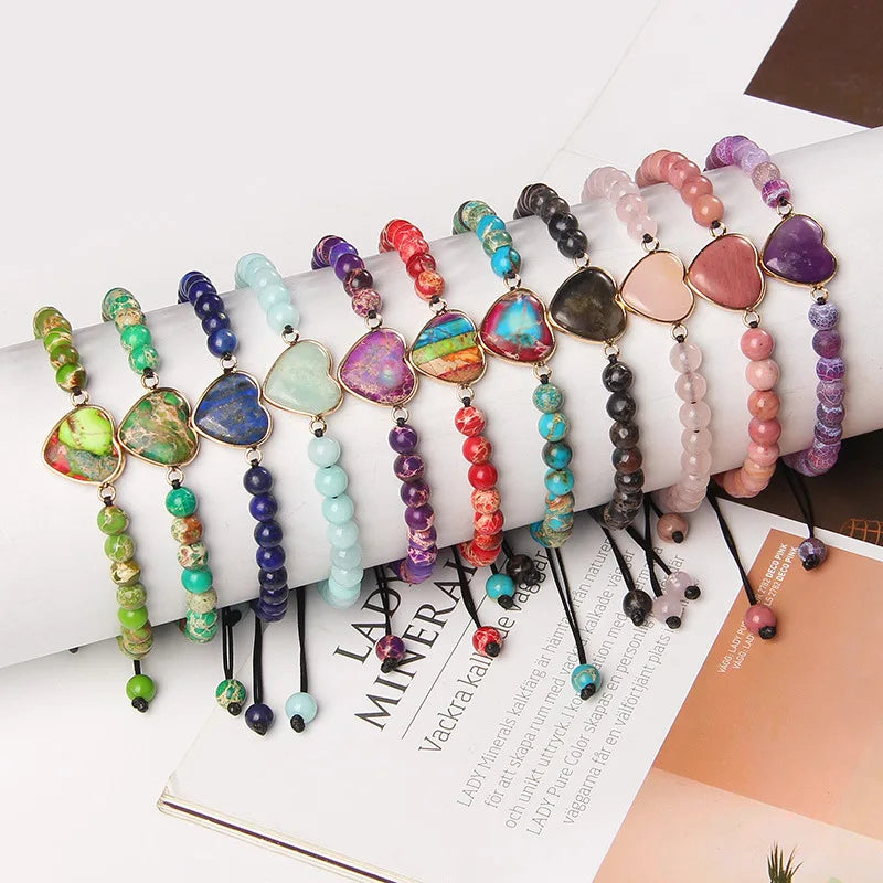 Natural Gemstone Bracelet for Women Fashion Jewelry Adjustable Natural Gemstone Handwoven Heart Charm Beaded Bracelet for Women