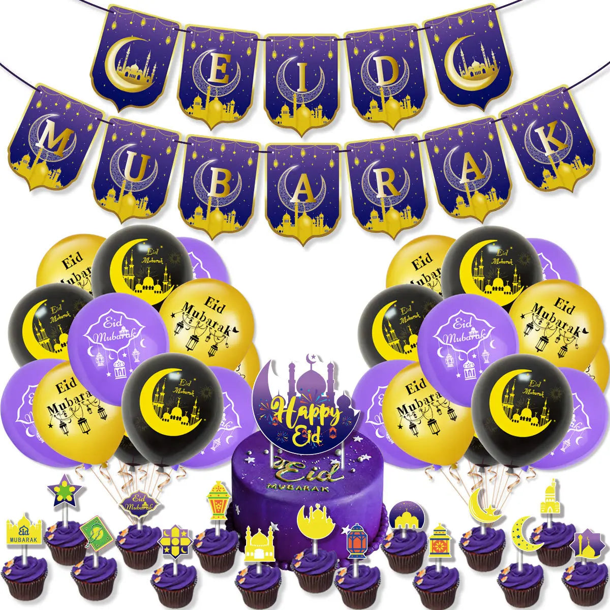 Eid Mubarak Balloon Banner Set for Birthday and Ramadan Party Decorations Durable Paper & Latex Cake Toppers