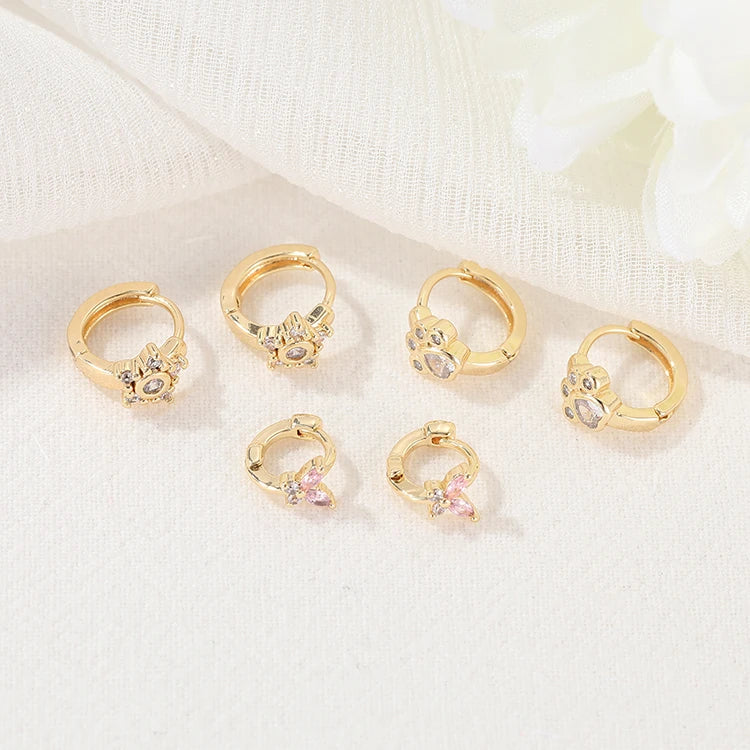 14K Gold Plated Brass Micro Pave Cubic Zirconia Huggie Earrings Cute Mini Flower Butterfly and Bear Paw Jewelry Hoops for Girls