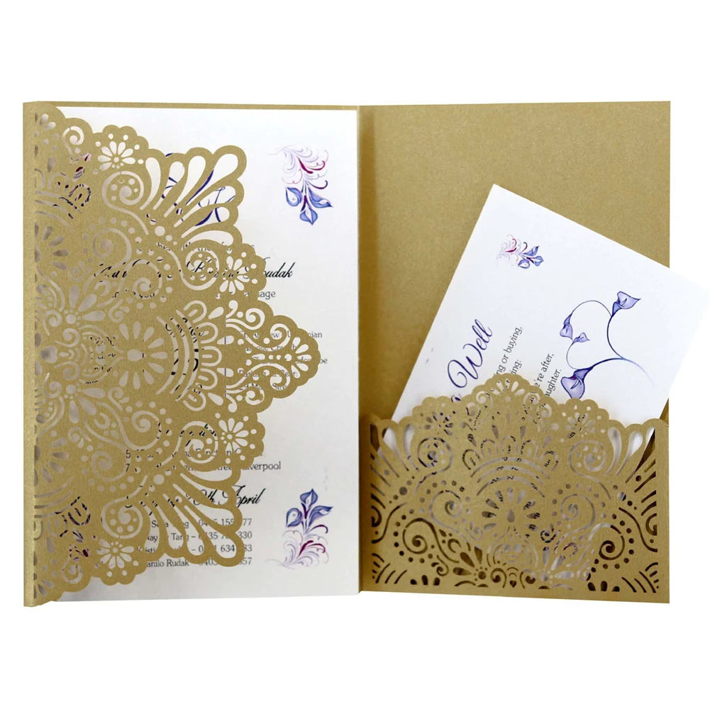 Wholesale Price Multicolor Laser Cut Pocket Wedding Invitation Cards with Custom Print Lace Pocket Birthday Invitation Cards