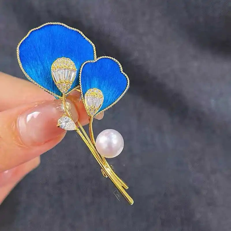 Light Luxury High-End Velvet Flower Brooch with 7-8mm Natural Freshwater Pearl Ginkgo Leaf Paired Chest Flower Jewelry