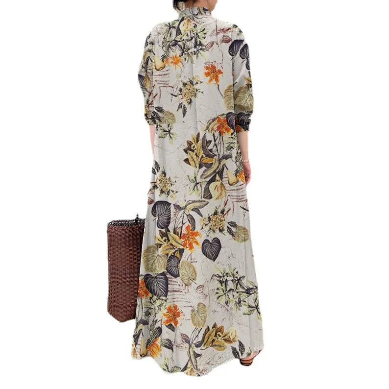 BB005 New Japanese and Korean Style Cotton and Linen Printed Lapel Long Sleeved Pocket Loose Casual Long Shirt Dress
