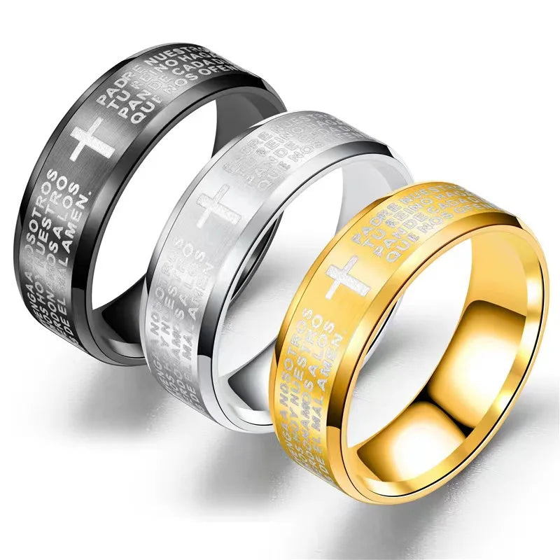 Men's Stainless Steel Gold Plated Round Dainty Chunky Rings New Hip Hop Jewelry with Engraved Cross Fashionable Party Ring