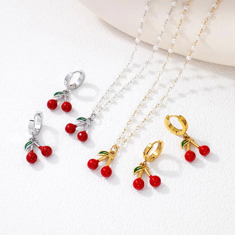 Wholesale Fashion Stainless Steel Gold Plated Enamel Cherry Charm Peal Chain Pendant Necklace Earrings Set Fruit Style Jewelry