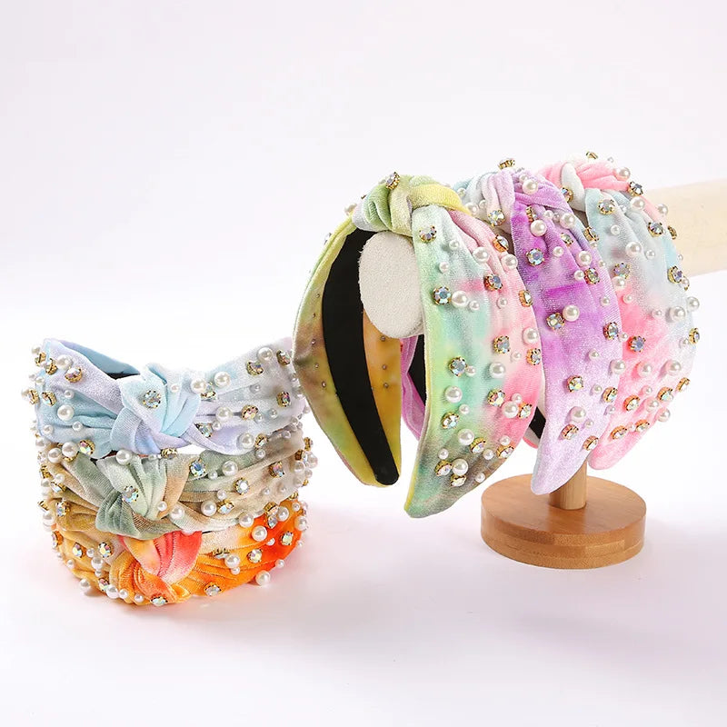 New Fashion Gradient Color Printed Knot Hair Hoop Rhinestone Pearl Headband Tie-Dyed Women's & Girls' Hair Accessories
