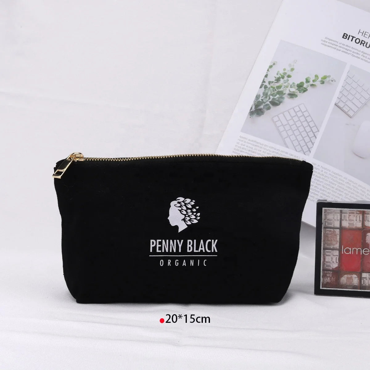 Hot Sale Silk Screen Printed Square Bottom Canvas Cosmetic Makeup Pouch Reusable Cotton Zipper Bag