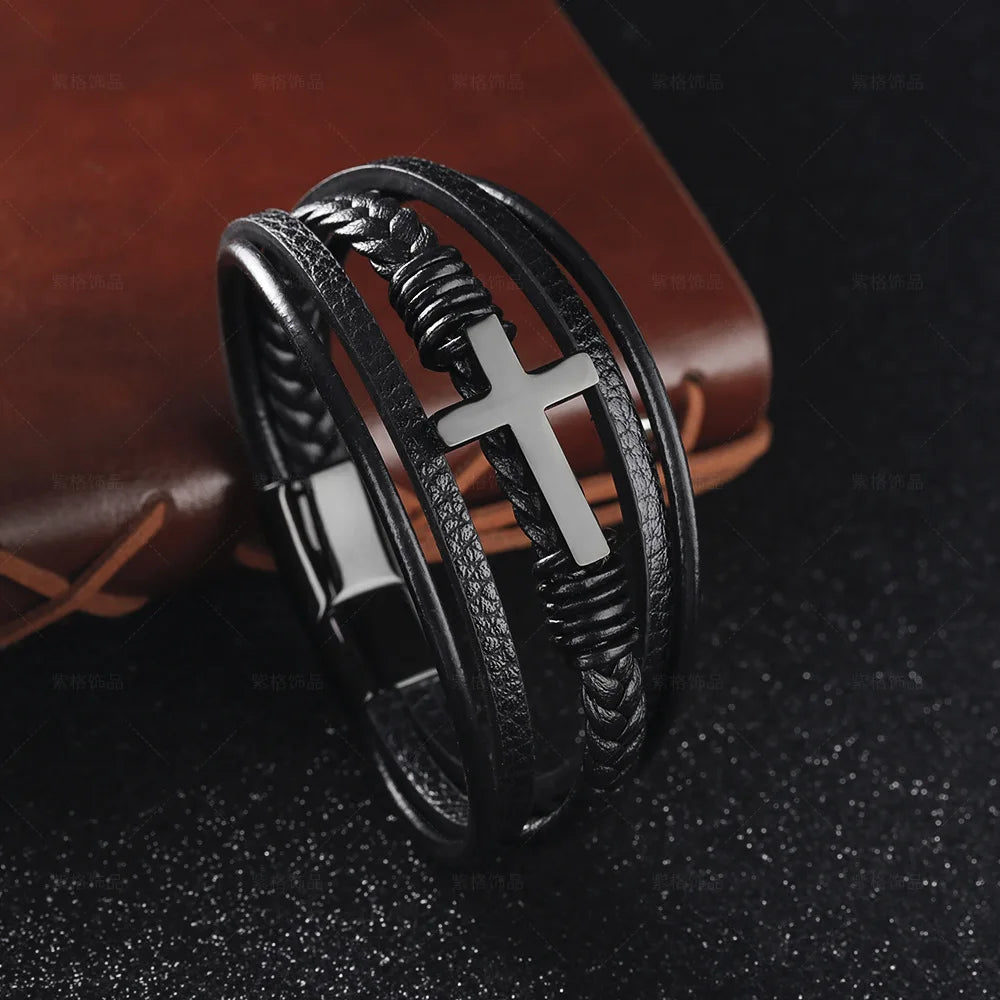SC Multicolor Cross Design Leather Bracelet Stainless Steel Men Bracelets Handsome Gifts Wholesale Leather Bracelet for Men
