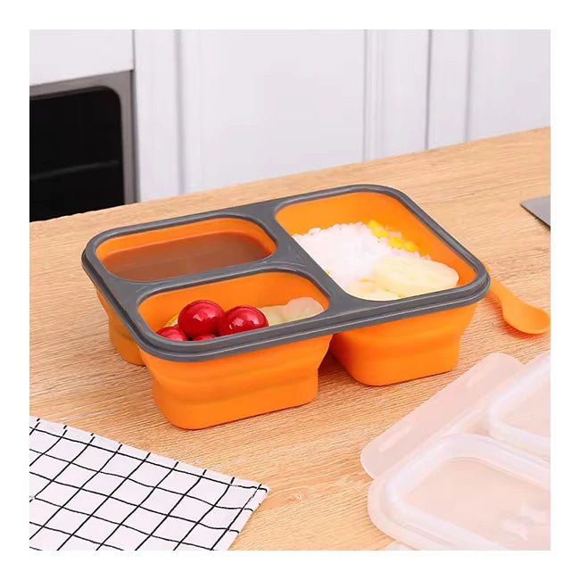 Top Seller BPA Free Microwavable Completely Divide 3 Grids Sturdy Silicone Bento Lunch Box Collapsible Food Storage Containers
