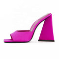 Trendy Evening Party Pink Satin Summer Mules Square Toe Chunky Slippers Pyramid Heel Women High Heels Sandals