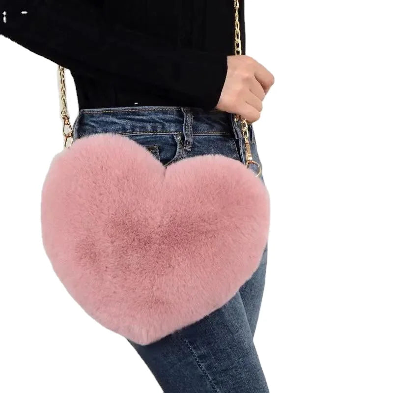 Fashion Women's Heart Shaped Handbags Cute Faux Fur Crossbody Bags Lady Soft Plush Chain Shoulder Bag Shopper Totes