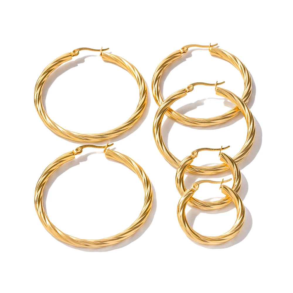 Waterproof 18K Gold Plated  Stainless Steel Jewelry Big Twist Circle Geometric Hoop Earrings for Women