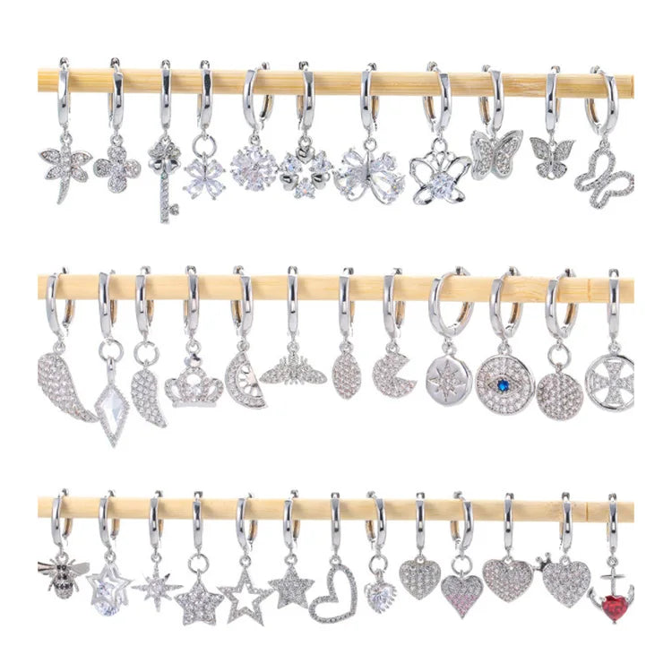 EC1763 Dainty Mini 18k Gold Silver Plated CZ Micro Pave Angel Wing Bee Star Heart Butterfly Flower Charm Huggies Hoop Earrings