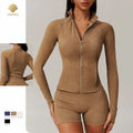 CNSHELL Custom Logo Nylon Bronzing Tight Mock Neck Zipper Side Pocket Yoga Workout Gym Fitness Sports Jacket