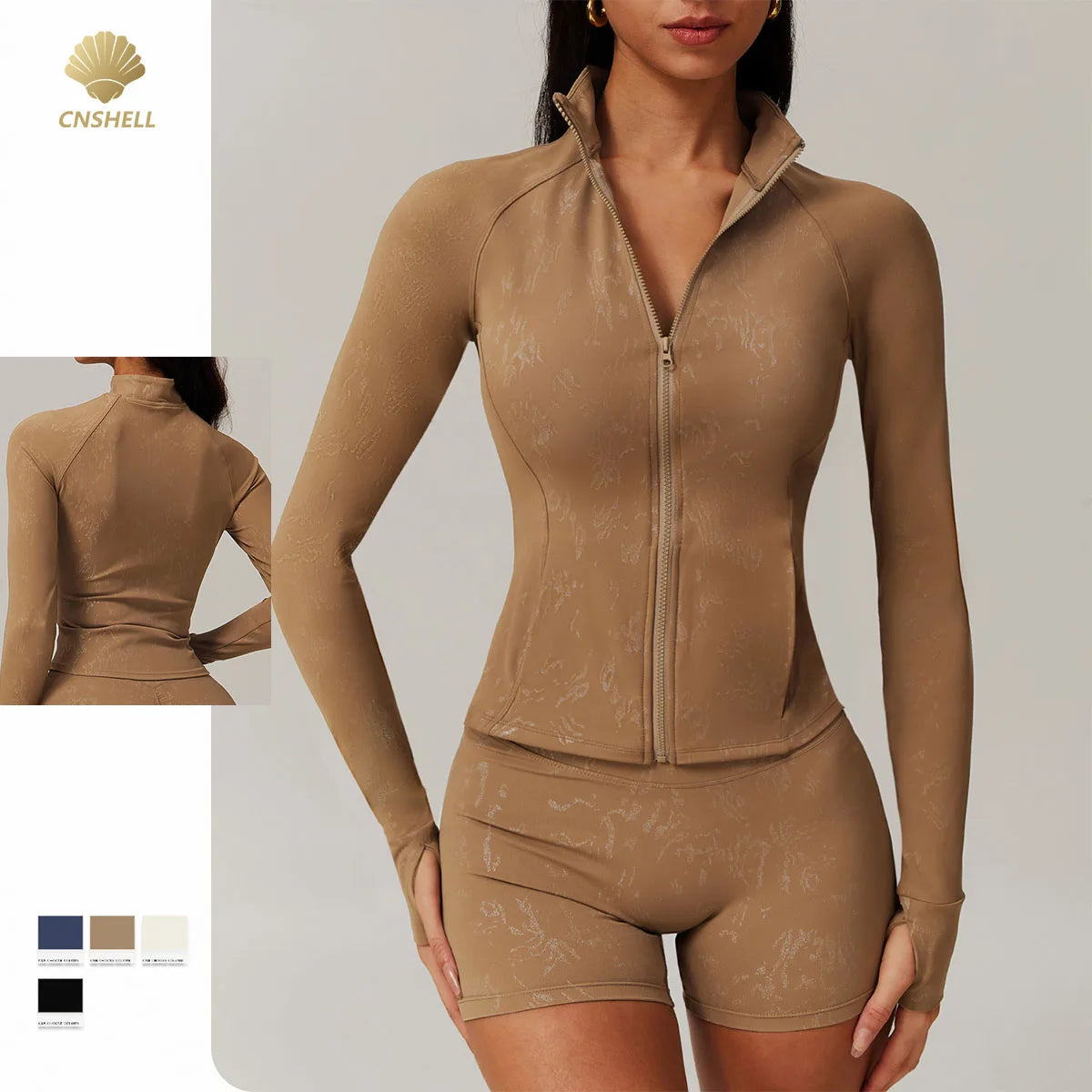 CNSHELL Custom Logo Nylon Bronzing Tight Mock Neck Zipper Side Pocket Yoga Workout Gym Fitness Sports Jacket