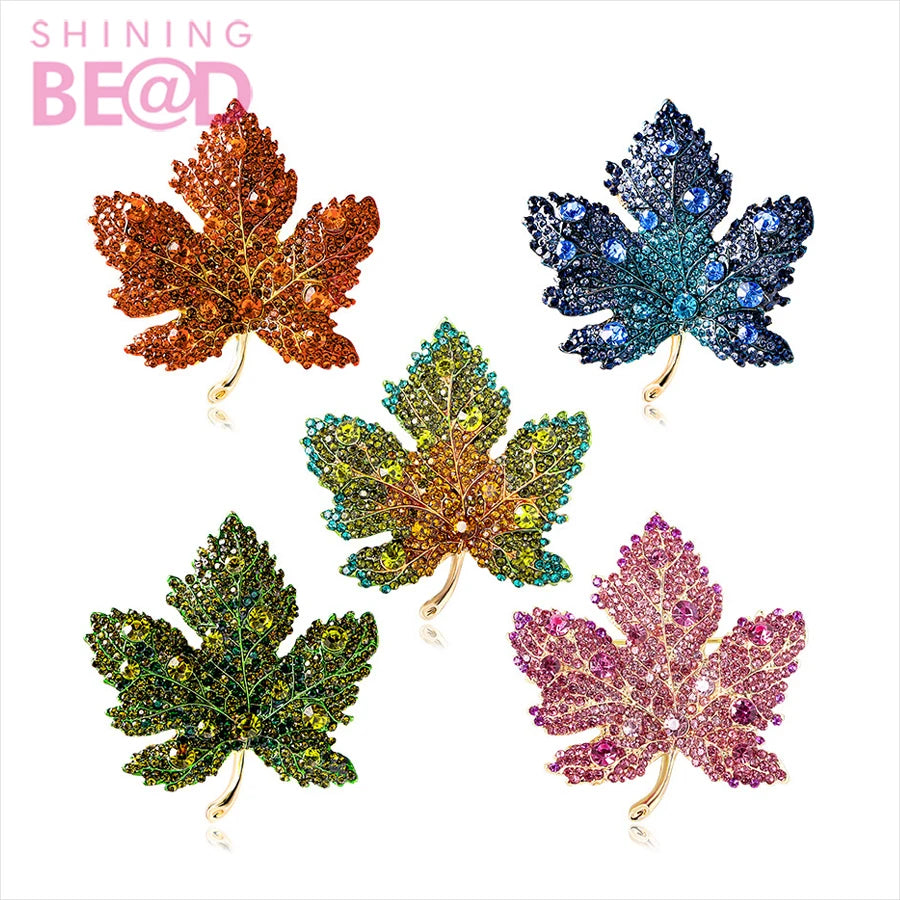 Fashion Pink/Green/Blue Rhinestone Maple Leaf Jewelry Brooch Pins Gold Women Charm Dress Decoration