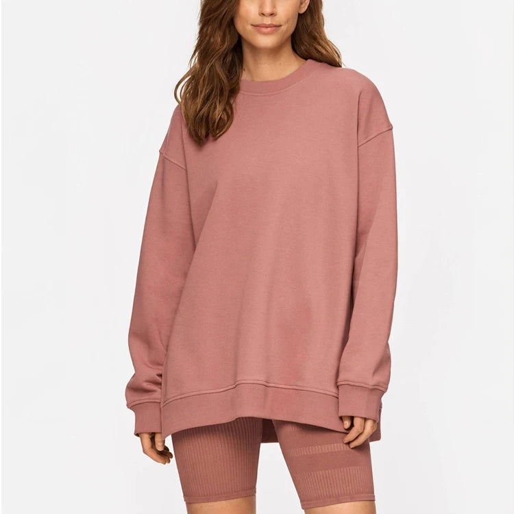 Custom Casual Oversized Loose Fit Sweatshirts 100% Cotton Fleece Side Slits Workout Plain Crew Neck Sweatshirt for Women