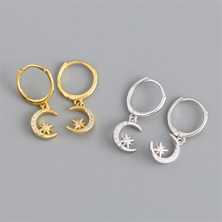 New Trendy 18k Gold 925 Sterling Silver Fashion Moon and Star Hoop Earrings for Women
