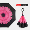 Flower Print Double Layer Inverted Umbrella C-Shaped Handle Anti-UV Waterproof Windproof Straight Umbrella for Car Rain Outdoor