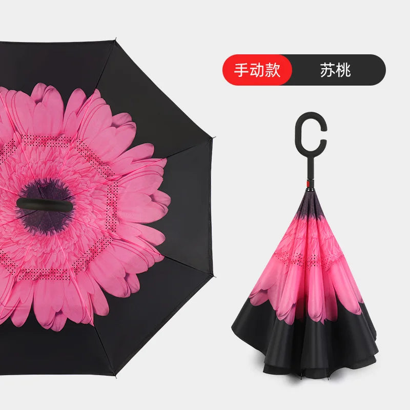 Flower Print Double Layer Inverted Umbrella C-Shaped Handle Anti-UV Waterproof Windproof Straight Umbrella for Car Rain Outdoor