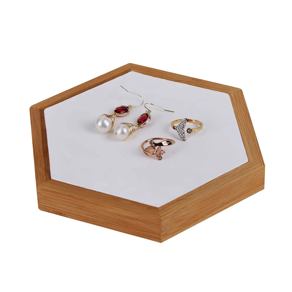 Multifunctional Bamboo Jewelry Display Tray White PU Leather Necklace Earring Ring Bracelet 3-piece Set Jewelry Stand