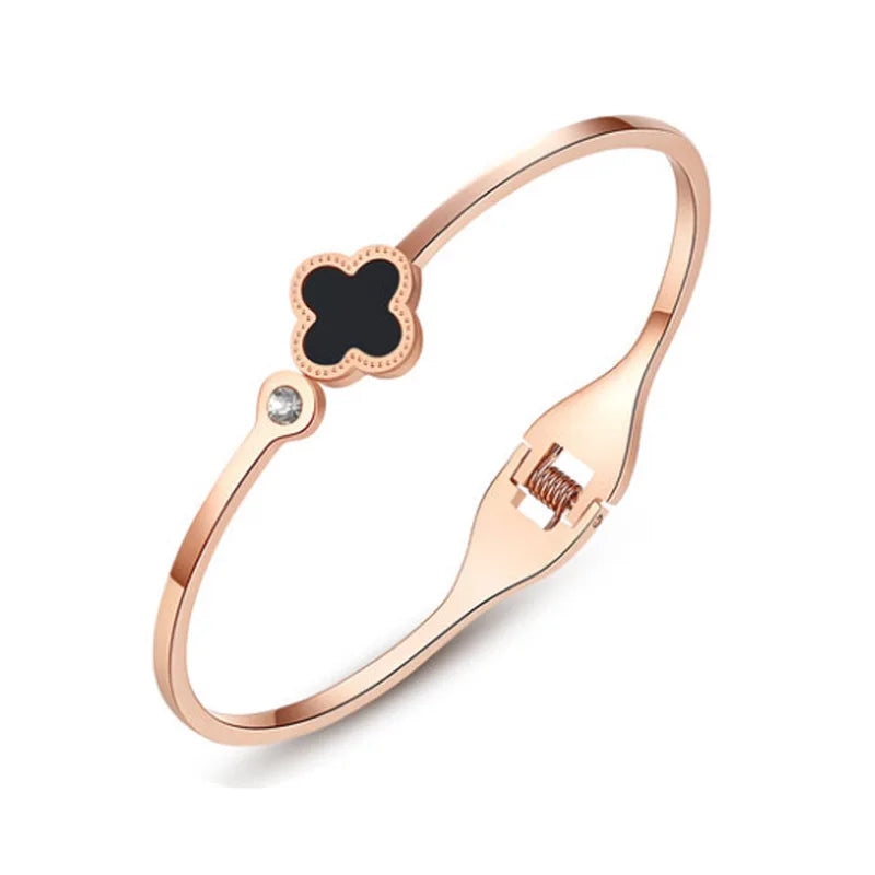 Nabest Stainless Steel Black Shell Cuff Bangle Jewelry 18k Gold Plated Women Clover Charm Bracelet Bangle