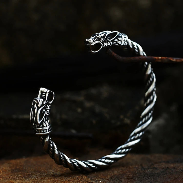 SSG-037 Steel  Nordic Viking Norse Men Stainless Steel Double Wolf Head Bangle Adjustable Bracelet Jewelry