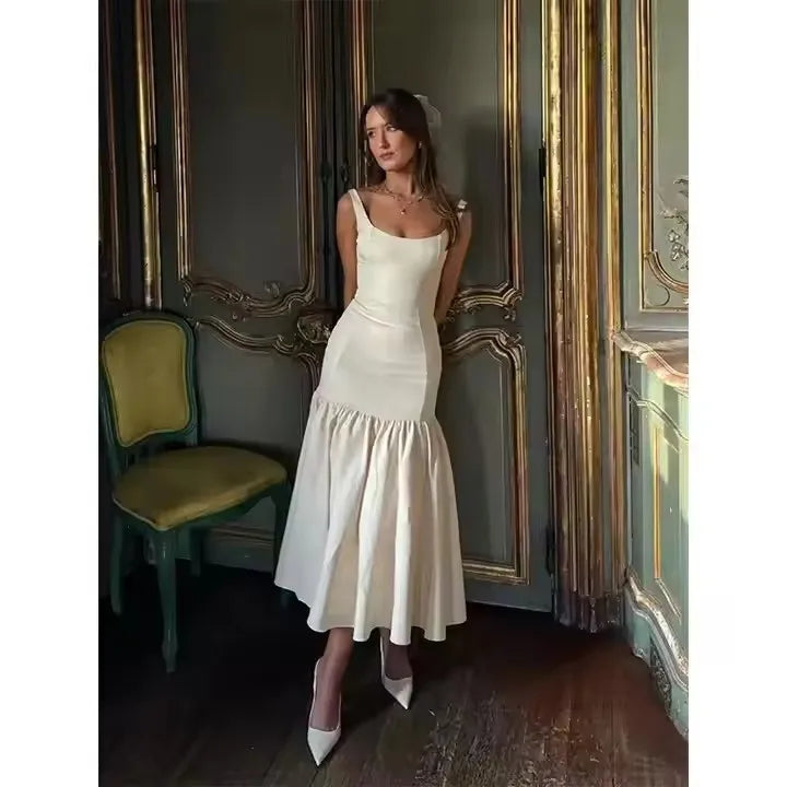 2025 Summer Fashion Female Party Robe Women Slim Square Collar Sleeveless Vestidos Elegant Ruffles Spliced Suspenders Long Dress