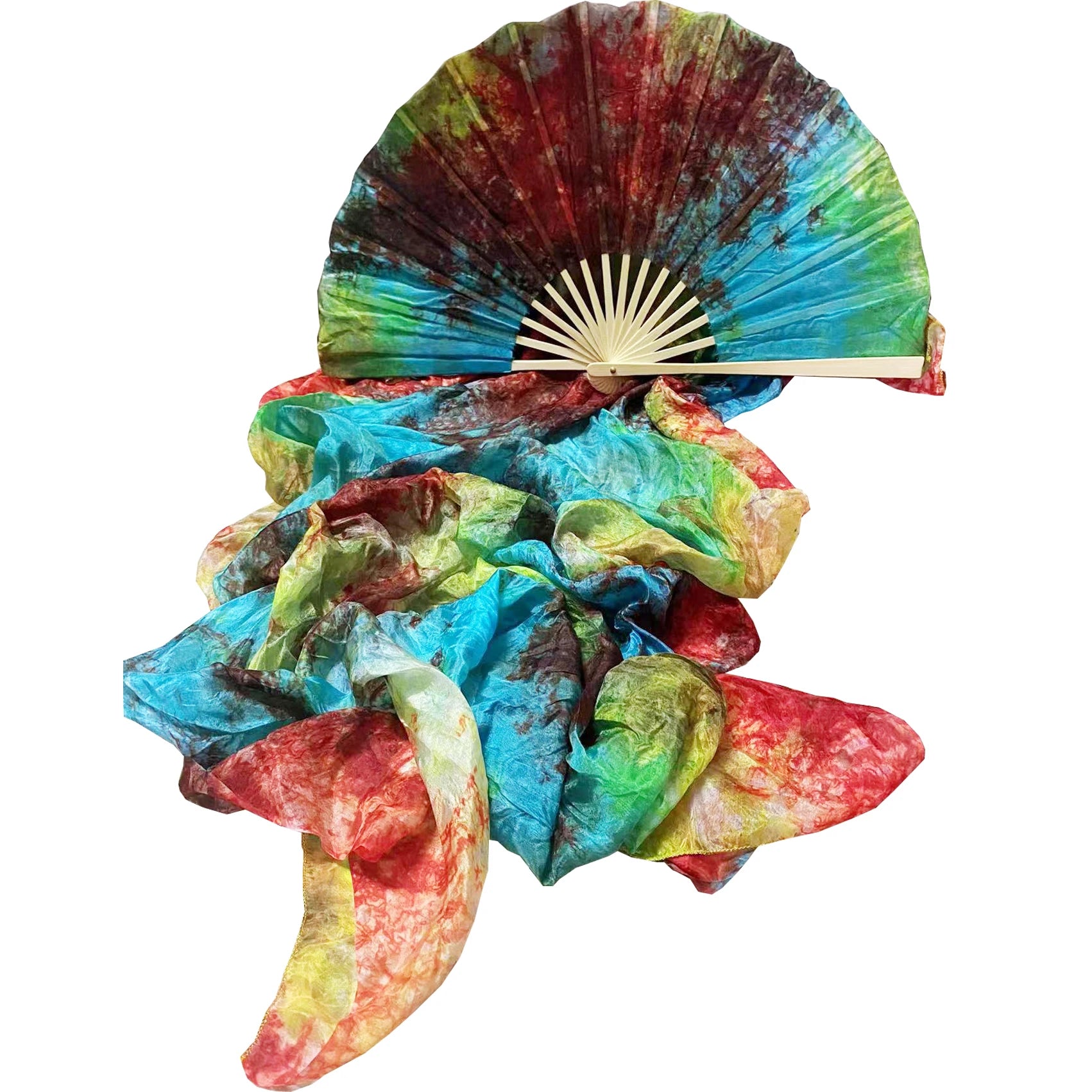 Handmade Chinese Tie-Dye Multicolored Bamboo Folding Fans with Long Veil Accessory for Belly Dance Performance Wear