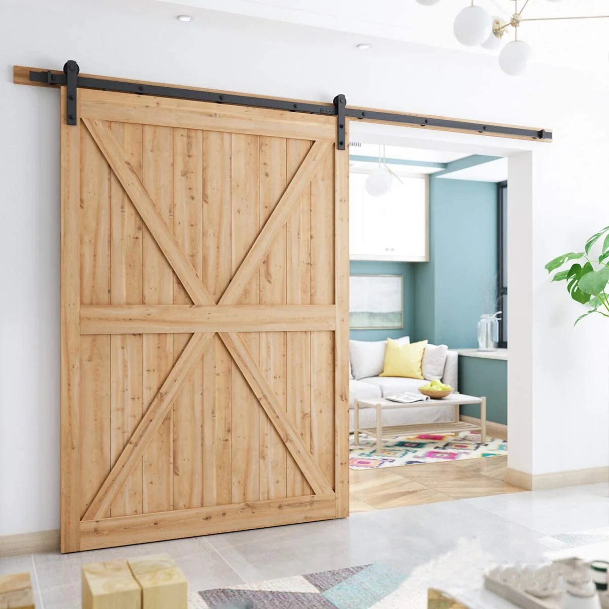 RHETECH Retro Heart-Shaped Roller Hangers Single Wood Barn Door Hardware Closet Kit Brass Sliding Rail Steel Barn Door Easy