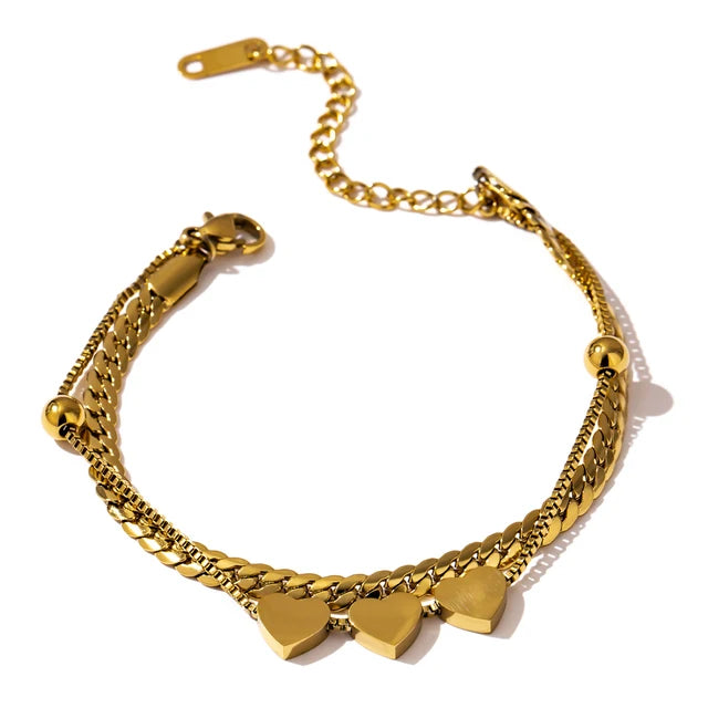 JINYOU 895 Double Chain Metal Stainless Steel Charm Heart Bracelet Bangle Gold Jewelry for Women