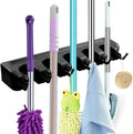Bathroom Kitchen Black Broom Mop Holder Plastic Screw Wall Mount 6 Hooks 5 Broom Holder