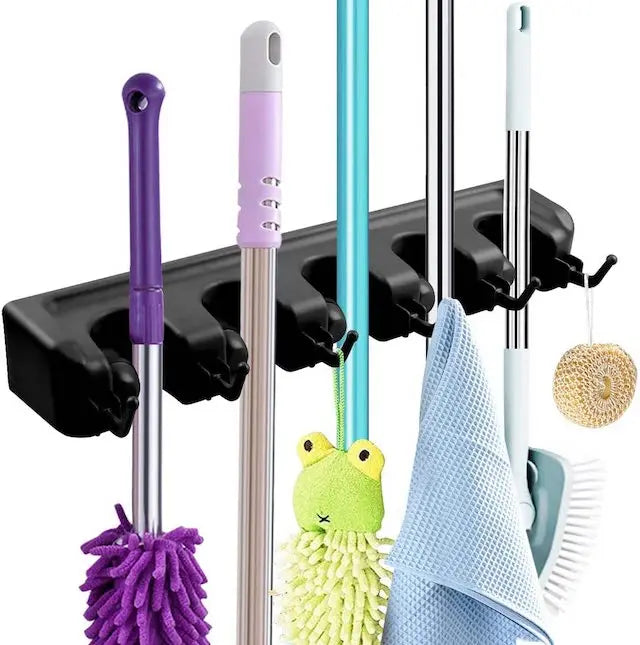 Bathroom Kitchen Black Broom Mop Holder Plastic Screw Wall Mount 6 Hooks 5 Broom Holder