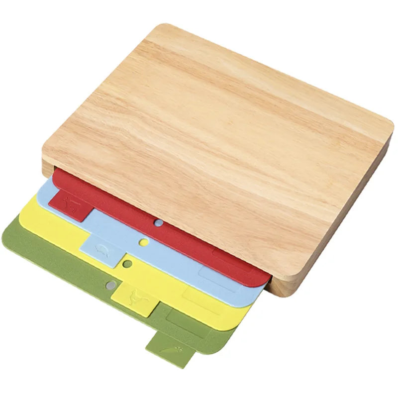 Rubber Wood Board with 4 Color-Coded Flexible Cutting Mats Bread Cheese Fruits Vegetables Meats Charcuterie Chopping Board Set