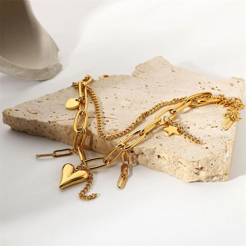 Creative Double Layer Star Heart Shape Pendant 18K Gold Plated Stainless Steel Paper Clips Chain Bracelet