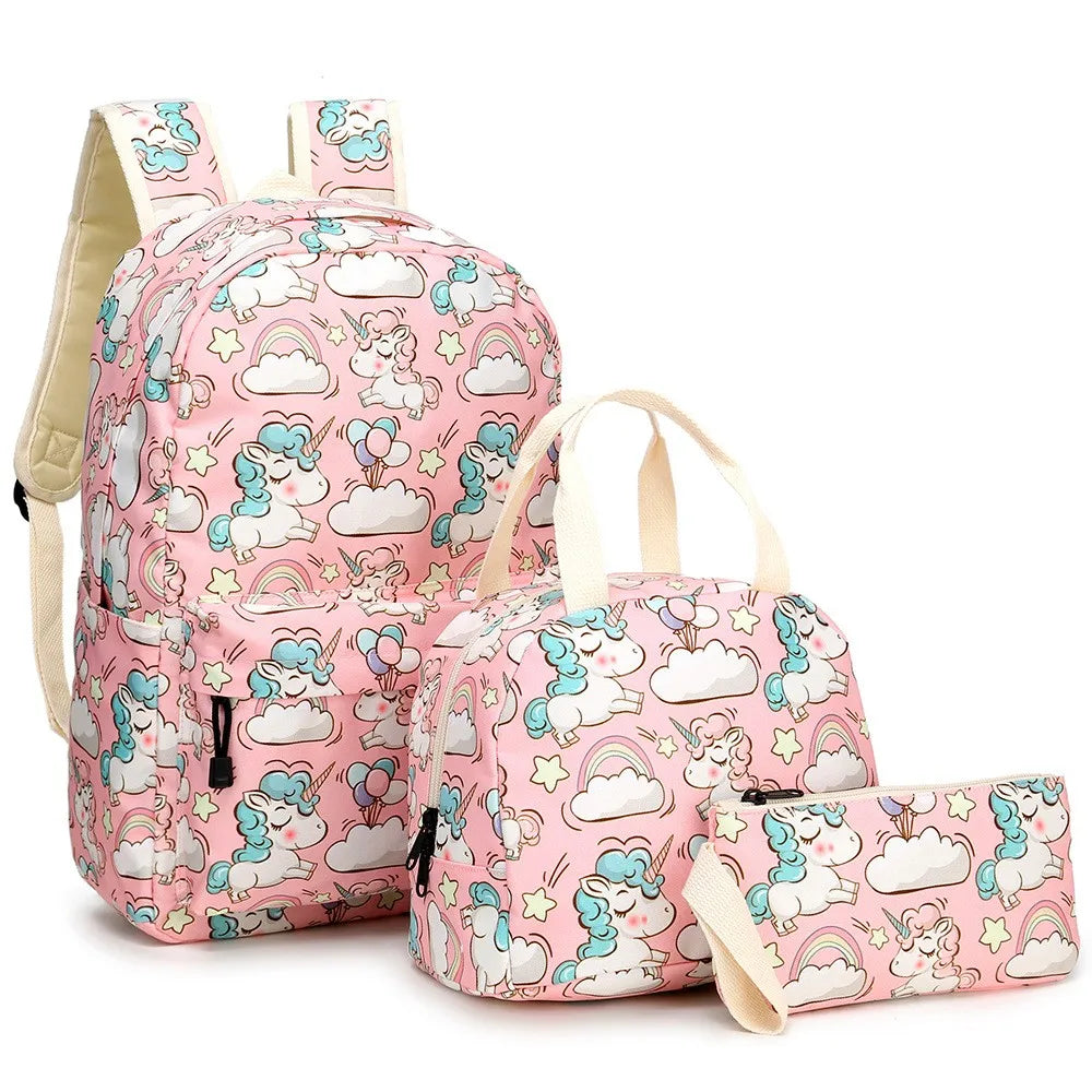 2023 Custom Large Capacity Girls Unicorn School Backpack with Logo Cartoon Pattern Lunch Bag & Pencil Case for Kids