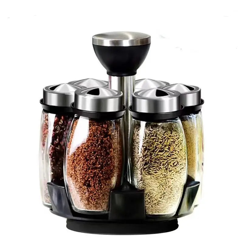 Rotating Revolving Spinning Seasoning Spice Storage Rack Organizer Countertop with 6 Glass Jar Bottles