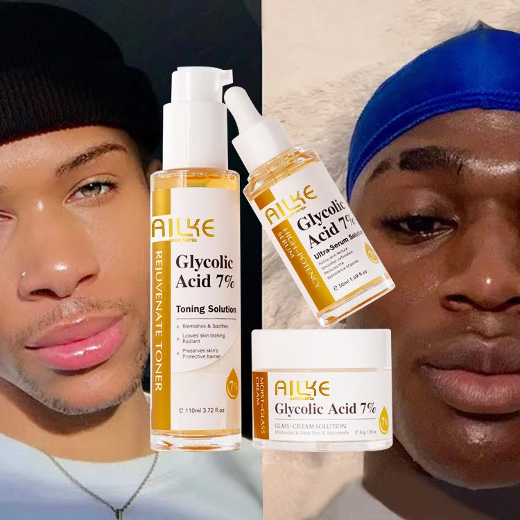 Custom Logo Glycolic Acid 7% Brightening Serum Exfoliating Toner Whitening Face Cream 3 in 1 Korean Skin Care Set
